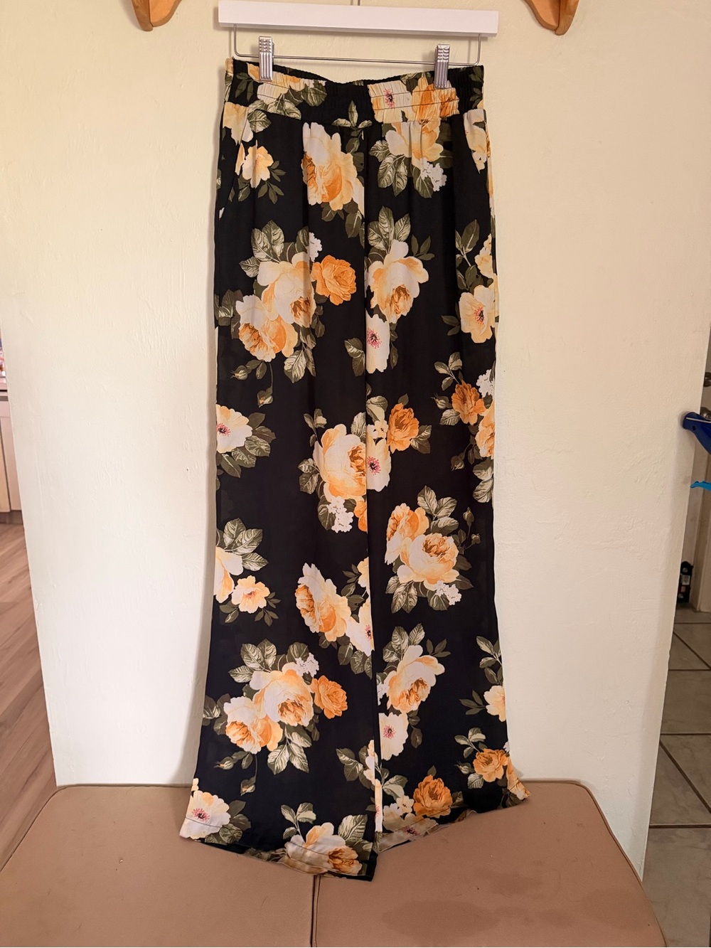 Socialite Black Wide-Leg Floral Pants with Yellow Roses